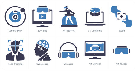 A set of 10 Virtual Reality icons as camera 360, 3d video, vr platform