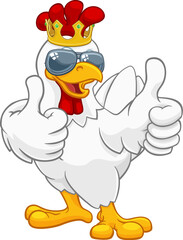 A chicken rooster cockerel bird cartoon character in a kings gold crown and cool shades or sunglasses giving a double thumbs up