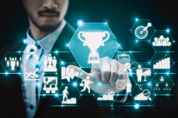 Achievement and Business Goal Success Concept - Creative business people with icon graphic...