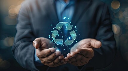 Reuse, reduce, recycle concept. Hand holding icon 3d recycle wireframe Ai generated