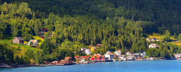 Norway, Olden village and fjord landscape