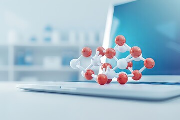 Molecular structure model on a laptop, representing scientific research and innovation in chemistry and technology.