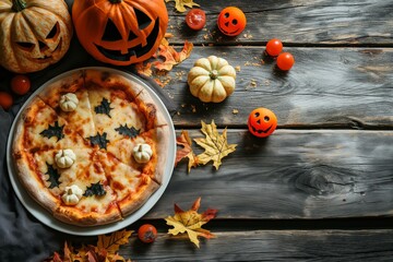Halloween Pizza With Bats and Pumpkins on a Wooden Table