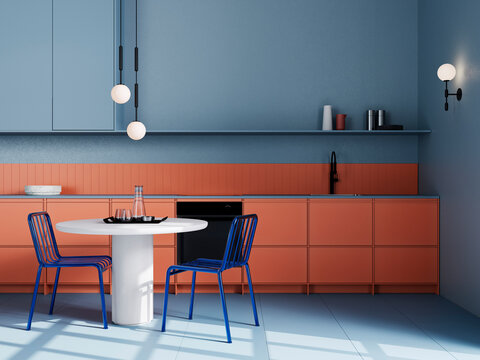 Retro inspired kitchen with coffee table in center