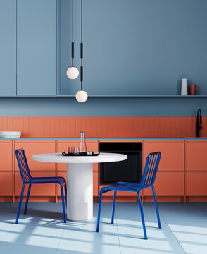 Retro inspired kitchen with coffee table in center