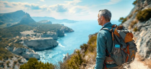 Elderly man hiking on a mountain trail. Middle-aged man hiking