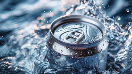 Aluminum can. Empty can with water splashing on a light blue background.