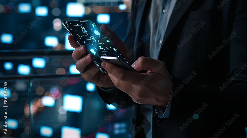 Poster cybersecurity and privacy concepts to protect data. businessman use smartphone with cyber security t