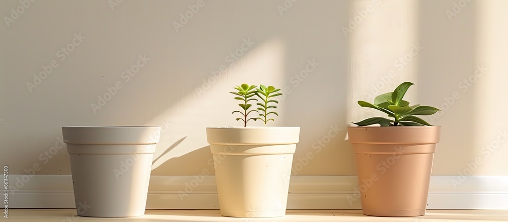 Wall mural flower pots. three empty plastic pots. Copy space image. Place for adding text and design