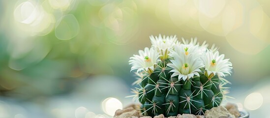 Small green cactus with bright white flowers and sharp spines. Cultivated in pot and blur sand background pastel background. Copy space image. Place for adding text and design