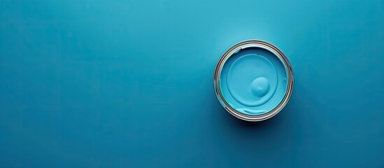 Brush on open can of blue paint on blue background. Color of the year in interior. Copy space image. Place for adding text and design