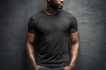 african american man in blank black tshirt mockup for branding