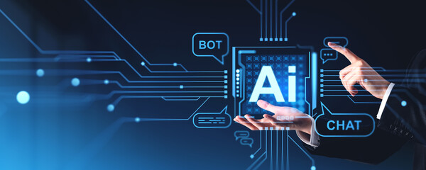 Businessman finger touch digital AI hologram, virtual assistant icons