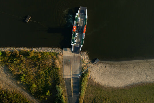 Ferry on river Lek at low levels in period of prolonged drought