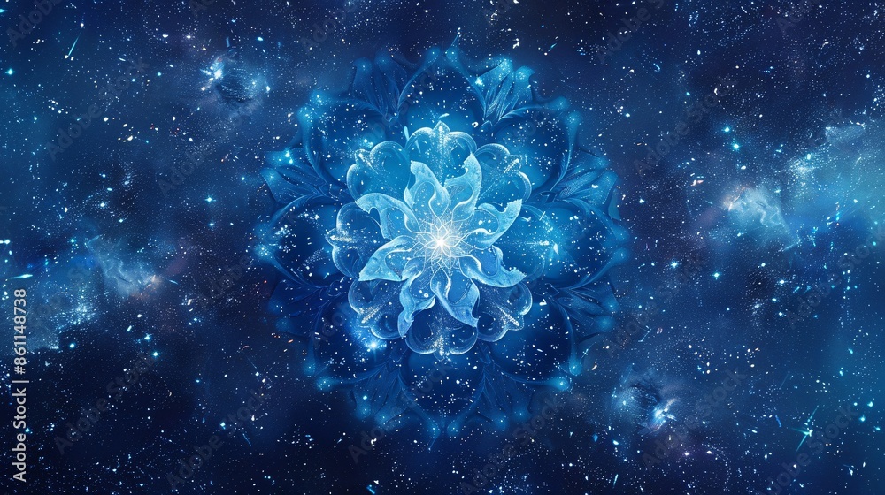 Wall mural spiritual mandala art: radiant blue design against a cosmic backdrop of stars, invoking tranquility 