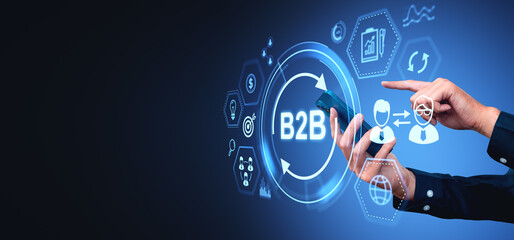 B2B concept with person using a smartphone and pointing at various digital icons, blue digital graphic style, dark background, business communication