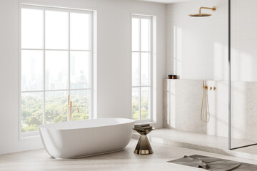 Luxury home bathroom interior with tub and shower, panoramic window