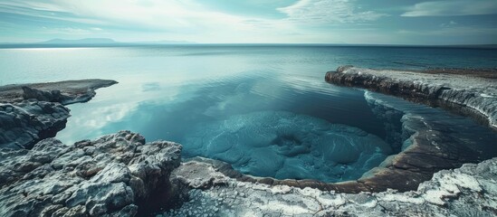 Black Pool Thermal Sits Close To The Edge of Yellowstone Lake in Summer. Copy space image. Place for adding text or design