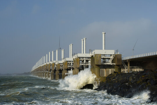 Storm hitting Oosterscheldekering dams barrier in North sea, Netherlands
