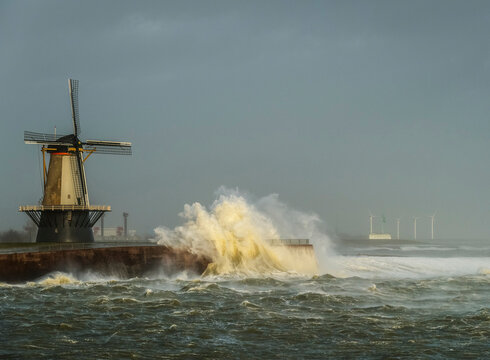 Storm hitting windmill in Vlissingen, Netherlands
