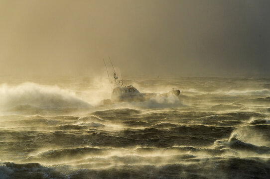 Lifeboat on Western Schelde river during storm in Netherlands
