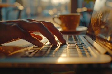 Closeup hands typing on a laptop keyboard with a blurred coffee cup in the background, illuminated by warm sunlight in a cozy cafe setting
