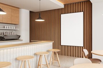 Cozy cafe interior with bar counter, chairs and dining tables. Mockup frame