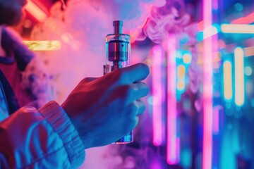 Fototapeta premium Person holding a vape device, surrounded by vibrant neon lights and clouds of vapor