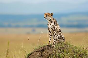 Female cheetah sitting on a grass mound on the Kenyan plains.
