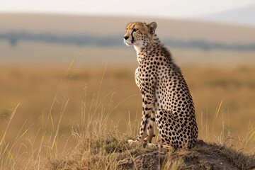 Naklejka premium Female cheetah sitting on a grass mound on the Kenyan plains.
