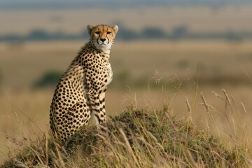 Female cheetah sitting on a grass mound on the Kenyan plains.