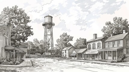 Detailed monochromatic drawing of a water tower