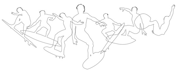 Surfers Surfing on their Surf Boards Silhouette set. Active sports people healthy players fitness silhouettes concept.