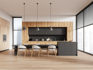 Modern home kitchen interior with dining table and island, panoramic window