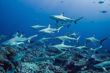 Fototapeta premium Grey reef sharks (Carcharhinus amblyrhynchos) in number in Fakarava, French Polynesia