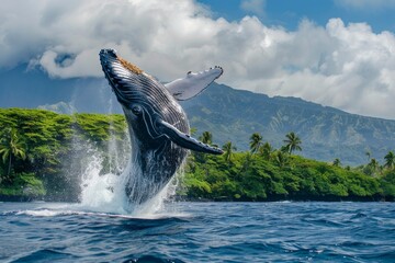 Humpback whale breach in front of tropical island.