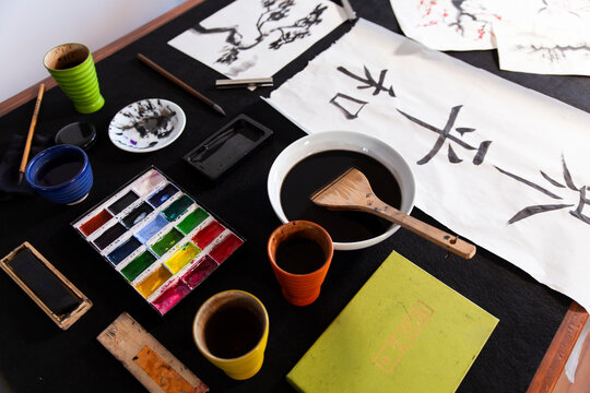Washi paper. palette and colors kept on table