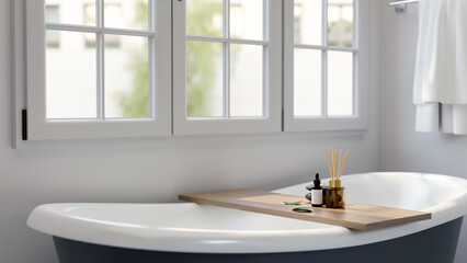 A modern bathtub by the window with a wooden bathtub tray in a modern white and clean bathroom.