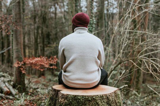 Man in beige turtleneck sweater sitting on tree trunk in autumn woods, rear view