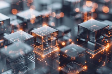 image of AI world made out of transparent and glowing cubes against grey background visualising smart technology, blockchain and artificial intelligence.