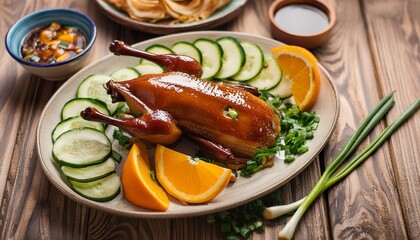 Traditionally prepared Peking duck with crispy skin, served with thin pancakes and a slice of cucumber