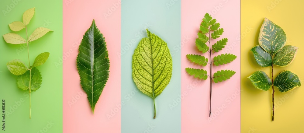 Poster collage of different leaves isolated on pastel background. copy space image. place for adding text a