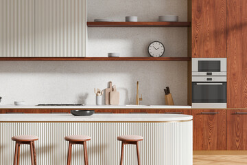 Wooden home kitchen interior with bar counter and stool, cooking cabinet