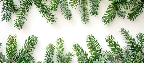 Obraz premium Christmas composition. Christmas garland made of conifer tree branches on white background. Flat lay, top view, copy space
