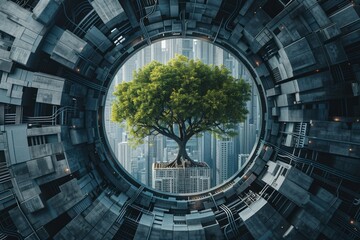 Naklejka premium image of futuristic sustainable cityscape in circular shape with tree in the middle. Sustainable energy concept.