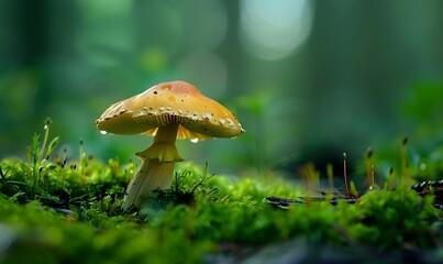 Mushroom on a Moist Forest Floor with Moss and Lichen, Generative AI