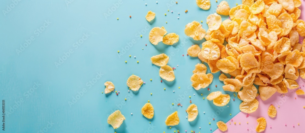 Poster A little pile of sweetened corn flakes cereals/integral flakes on pastel background (isolated). Copy space image. Place for adding text and design