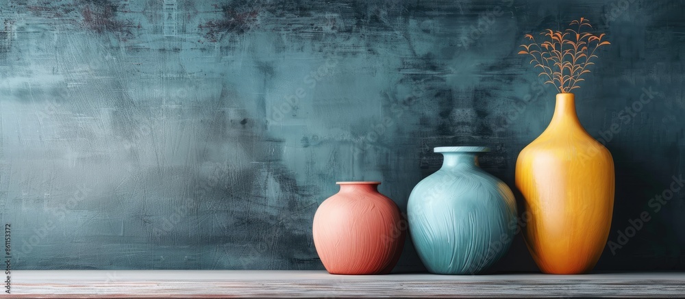 Wall mural several artistic vases in white wall blackground. copy space image. place for adding text and design