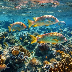 Fototapeta premium An underwater scene with fish swimming in unusually warm waters