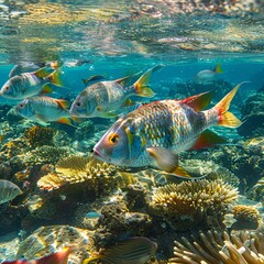 Naklejka premium An underwater scene with fish swimming in unusually warm waters